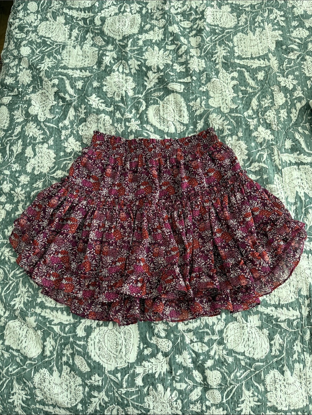 [Misa] Floral Tiered Mini Skirt in Burgundy Pink